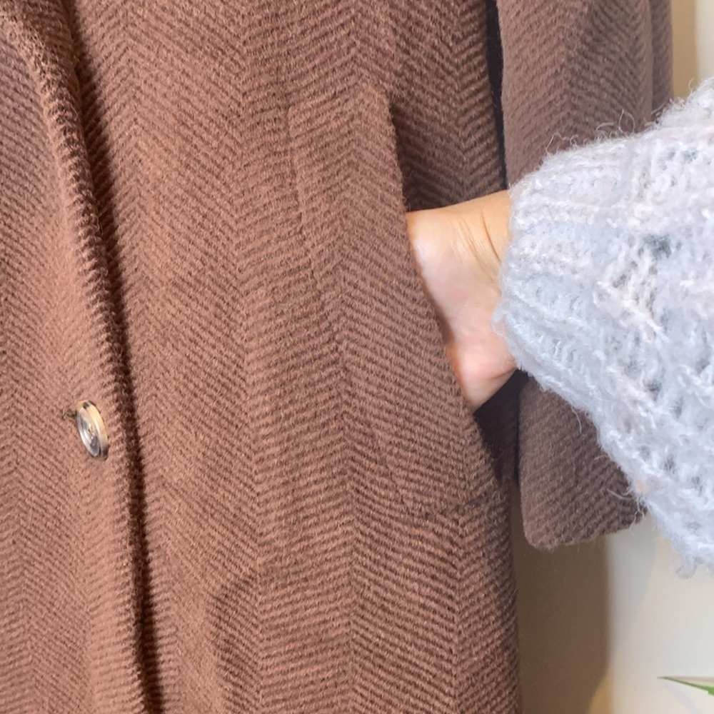 Les Copains | Brown Vintage Made in Italy Wool Textured Herringbone Coat L/XL - Picture 14 of 17